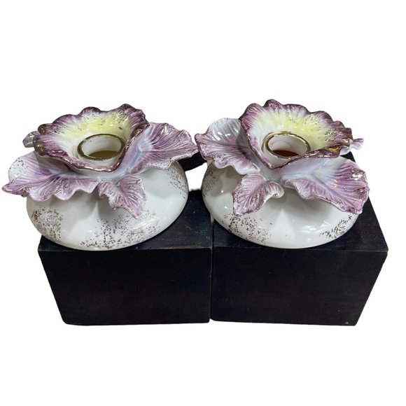 Vtg Set of 2 Commodore Japan Porcelain Purple Flower Candle Holders w/ Stoppers - Picture 2 of 9
